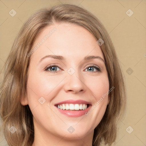 Joyful white young-adult female with medium  brown hair and green eyes