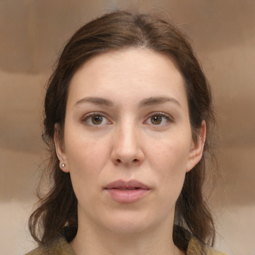 Neutral white young-adult female with medium  brown hair and brown eyes