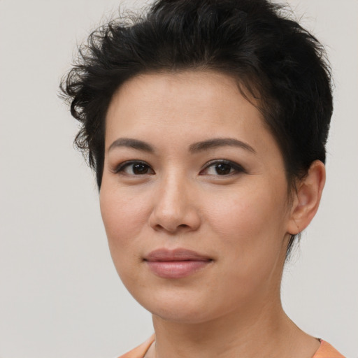 Joyful asian young-adult female with short  brown hair and brown eyes