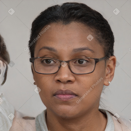 Neutral white adult female with short  brown hair and brown eyes