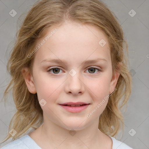 Joyful white child female with medium  brown hair and blue eyes