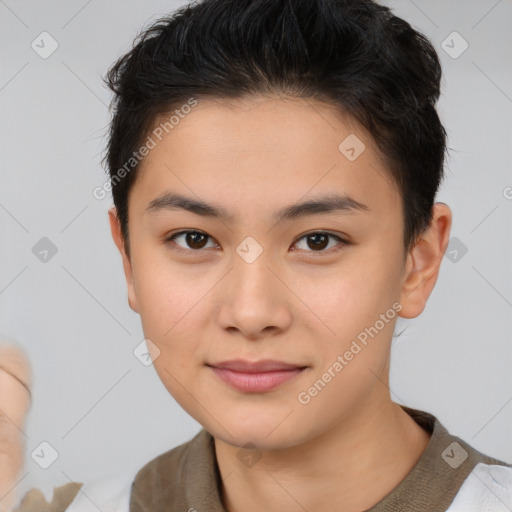 Joyful asian young-adult female with short  brown hair and brown eyes