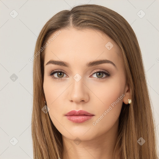 Neutral white young-adult female with long  brown hair and brown eyes