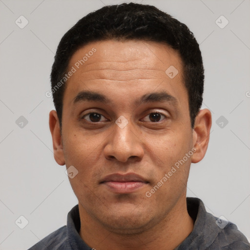 Neutral latino adult male with short  black hair and brown eyes