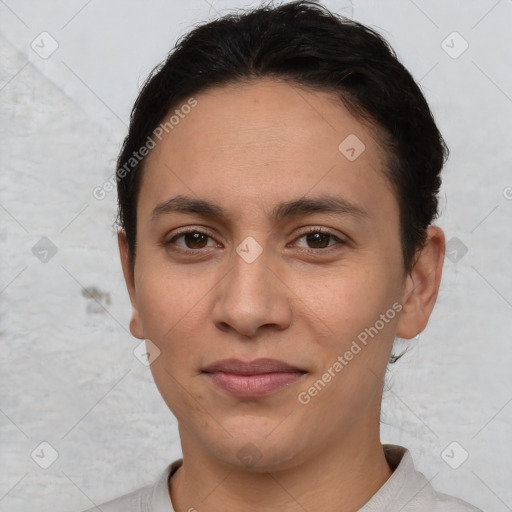 Joyful white young-adult female with short  brown hair and brown eyes