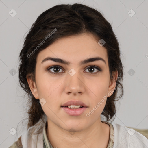 Neutral white young-adult female with medium  brown hair and brown eyes