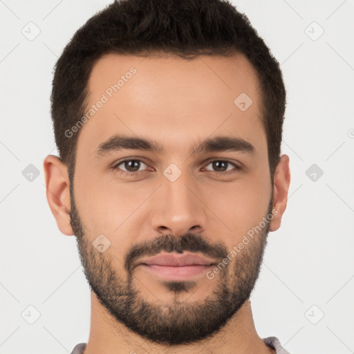 Joyful white young-adult male with short  brown hair and brown eyes