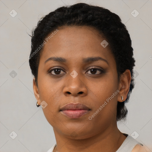 Neutral black young-adult female with short  black hair and brown eyes