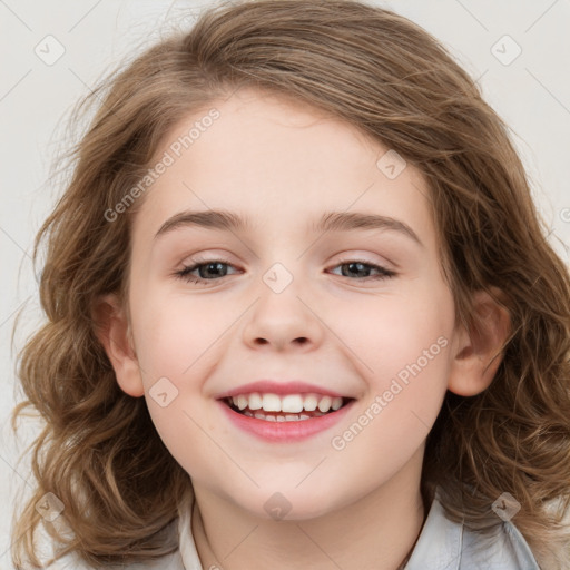 Joyful white child female with medium  brown hair and brown eyes