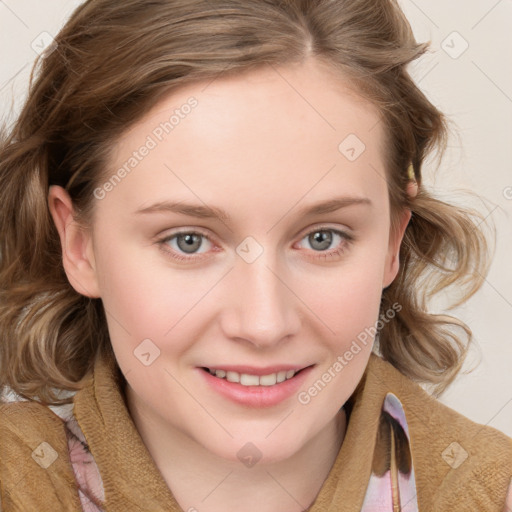 Joyful white young-adult female with medium  brown hair and blue eyes