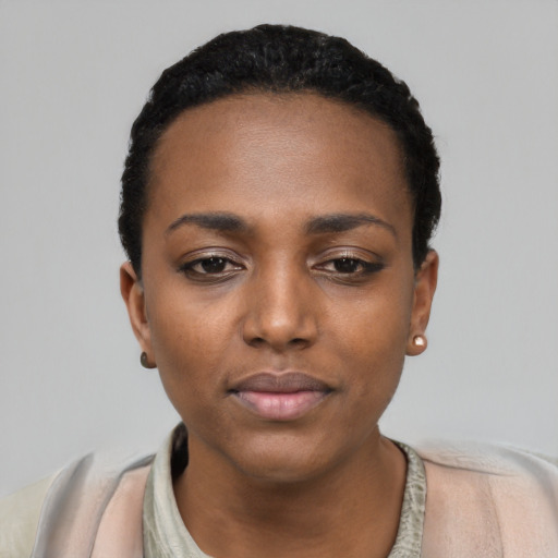 Neutral black young-adult female with short  black hair and brown eyes