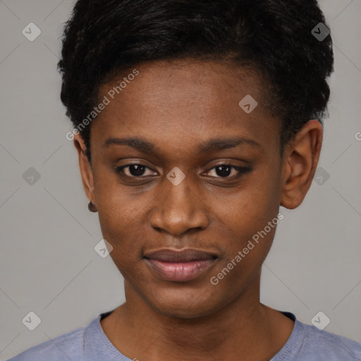 Neutral black young-adult female with short  black hair and brown eyes