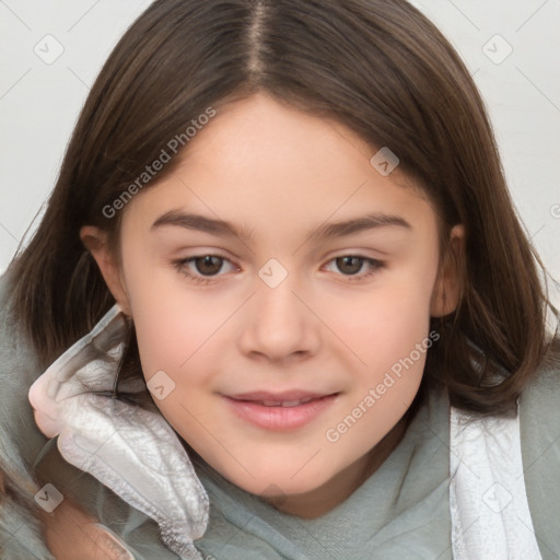 Joyful white child female with medium  brown hair and brown eyes