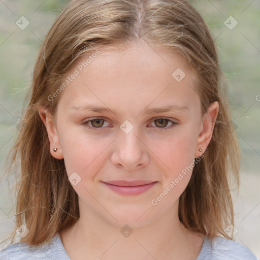 Joyful white child female with medium  brown hair and blue eyes