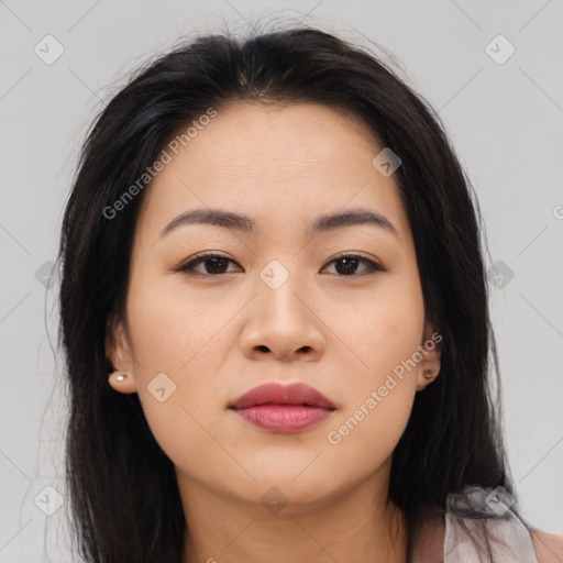 Neutral asian young-adult female with long  brown hair and brown eyes