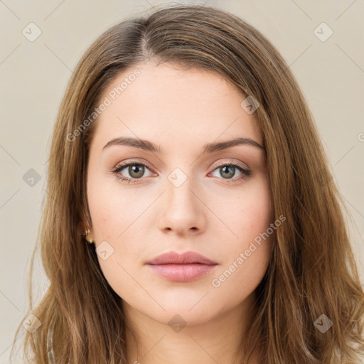 Neutral white young-adult female with long  brown hair and brown eyes