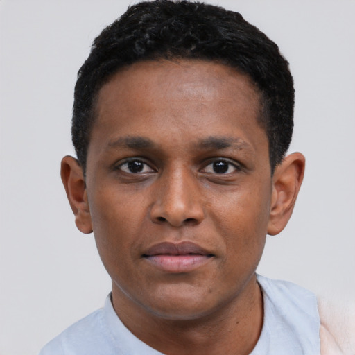 Neutral black young-adult male with short  black hair and brown eyes