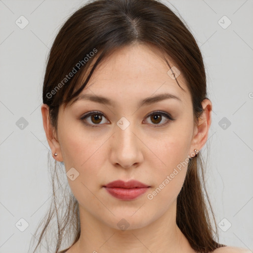 Neutral white young-adult female with medium  brown hair and brown eyes