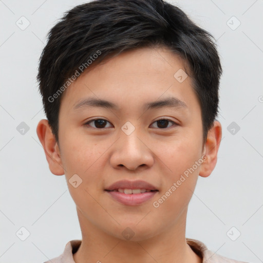 Joyful asian young-adult male with short  brown hair and brown eyes