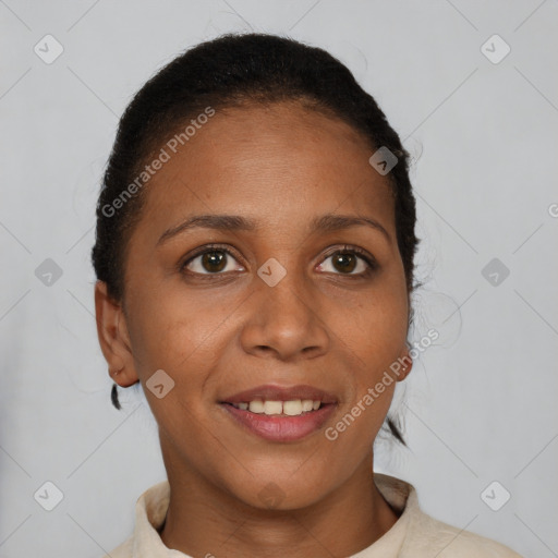 Joyful white young-adult female with short  brown hair and brown eyes