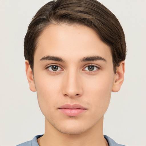 Neutral white young-adult male with short  brown hair and brown eyes