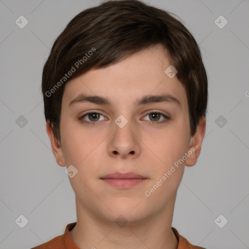 Neutral white young-adult female with short  brown hair and brown eyes