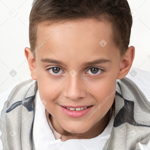 Joyful white child female with short  brown hair and brown eyes