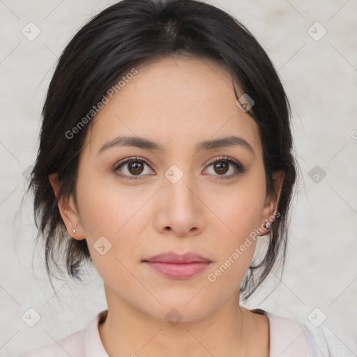 Neutral asian young-adult female with medium  brown hair and brown eyes