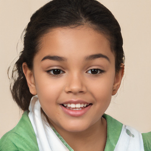 Joyful white child female with medium  brown hair and brown eyes