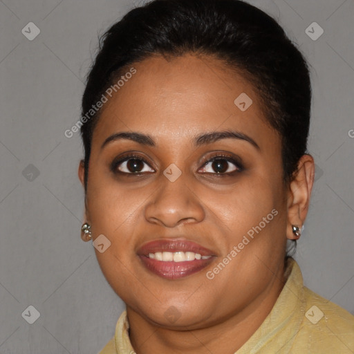 Joyful black young-adult female with short  brown hair and brown eyes