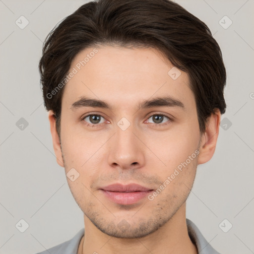 Neutral white young-adult male with short  brown hair and brown eyes