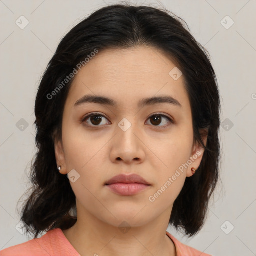 Neutral asian young-adult female with medium  brown hair and brown eyes