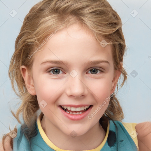 Joyful white child female with medium  brown hair and brown eyes