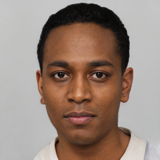 Neutral black young-adult male with short  black hair and brown eyes