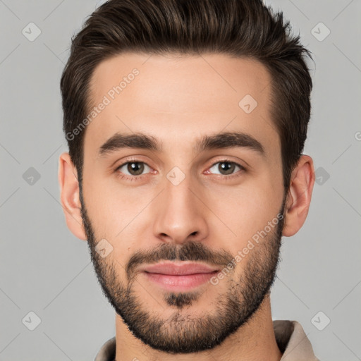 Neutral white young-adult male with short  brown hair and brown eyes