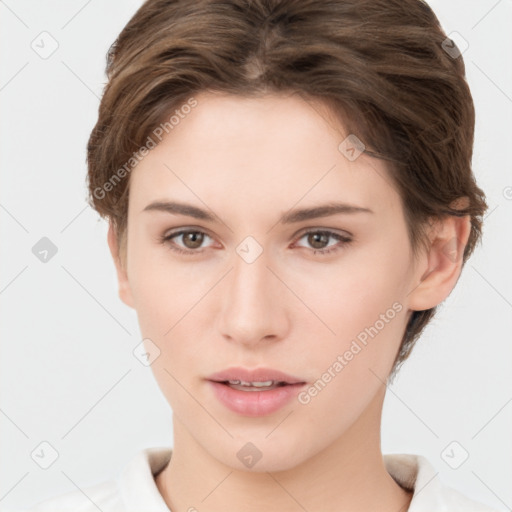 Neutral white young-adult female with short  brown hair and brown eyes