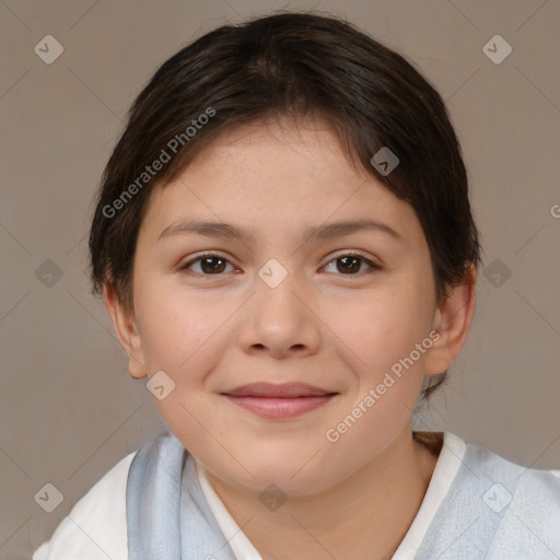 Joyful white child female with medium  brown hair and brown eyes