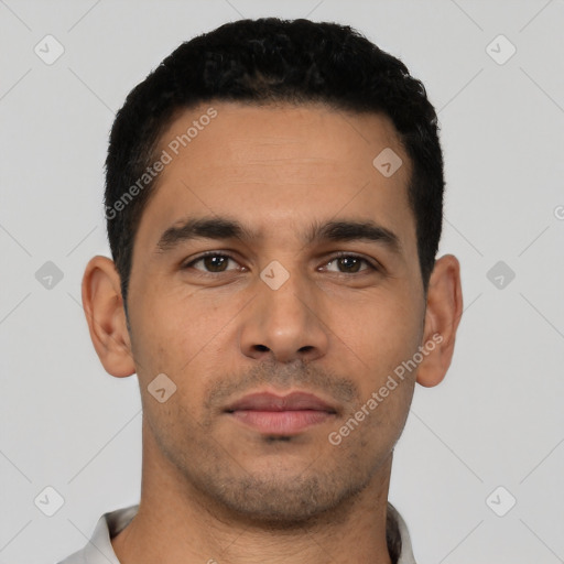 Neutral latino young-adult male with short  black hair and brown eyes