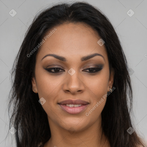 Joyful latino young-adult female with long  brown hair and brown eyes