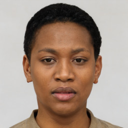 Neutral black young-adult female with short  black hair and brown eyes