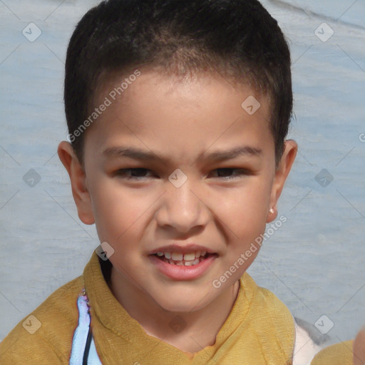 Joyful white child male with short  brown hair and brown eyes