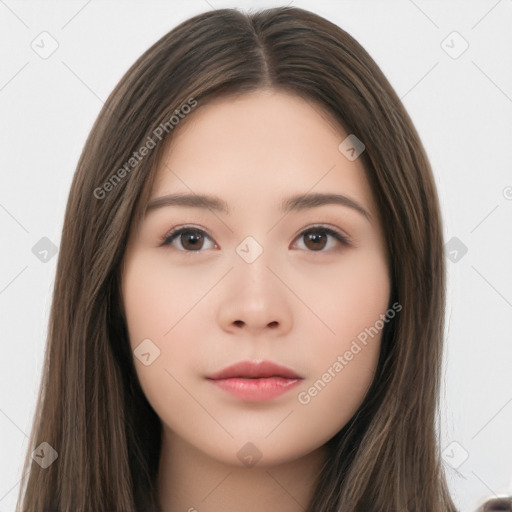 Neutral asian young-adult female with long  brown hair and brown eyes