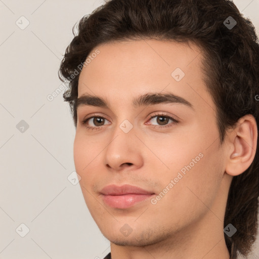 Joyful white young-adult male with medium  brown hair and brown eyes