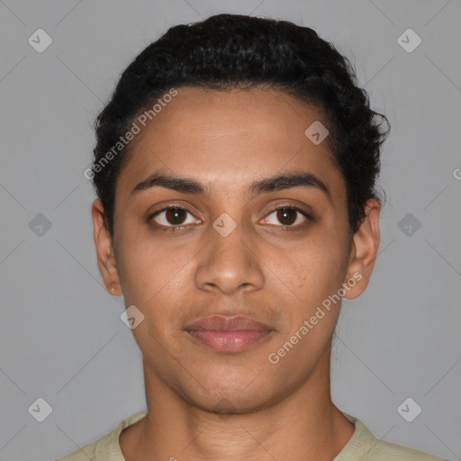 Neutral latino young-adult male with short  black hair and brown eyes