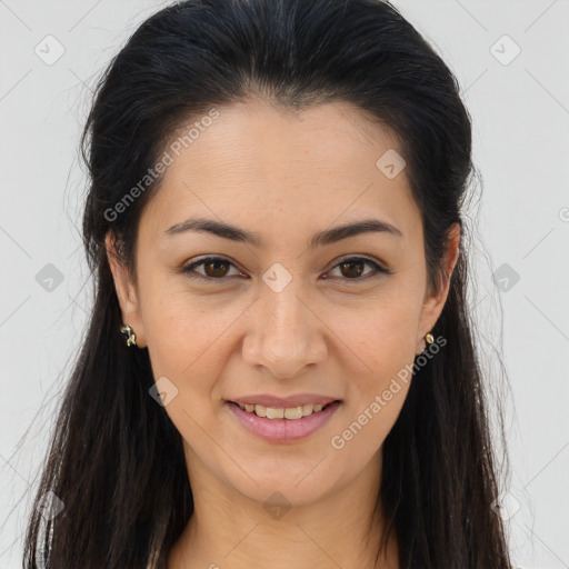 Joyful white young-adult female with long  brown hair and brown eyes