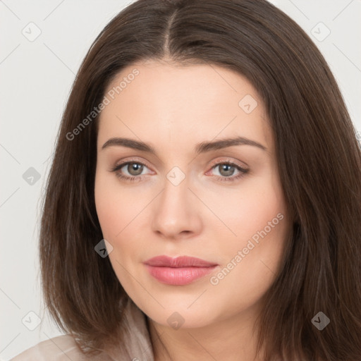 Neutral white young-adult female with long  brown hair and brown eyes