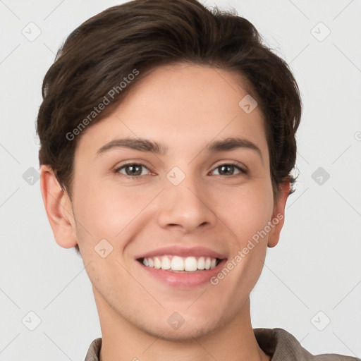 Joyful white young-adult female with short  brown hair and brown eyes