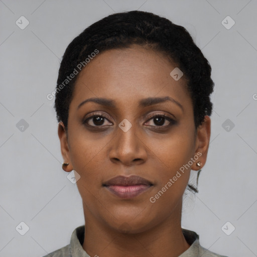 Neutral black young-adult female with short  black hair and brown eyes