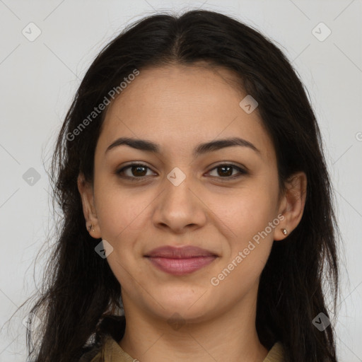 Joyful latino young-adult female with long  brown hair and brown eyes