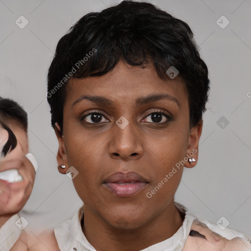 Neutral black young-adult female with short  brown hair and brown eyes